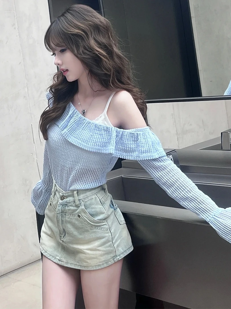 法式一字肩荷叶边露肩喇叭袖镂空防晒夏季长袖上衣牛仔裙裤三件套