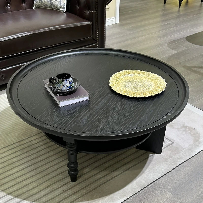 2025新款法式复古中古实木茶几圆形茶桌茶台家用小户型客厅