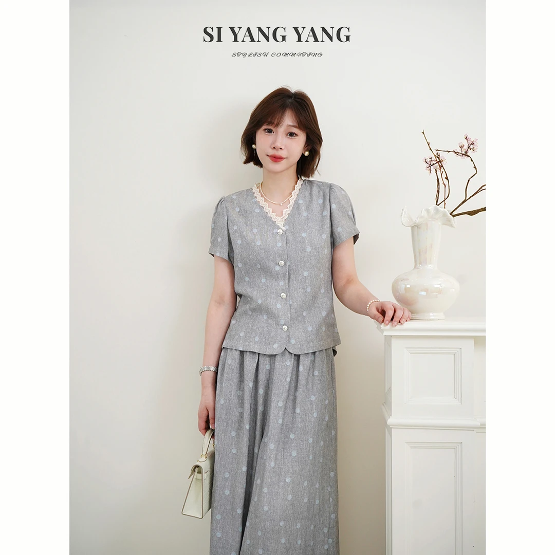 斯洋洋SIYANG超柔波点清凉舒爽麻感减龄气质裙裤套装TZ506A044SYY