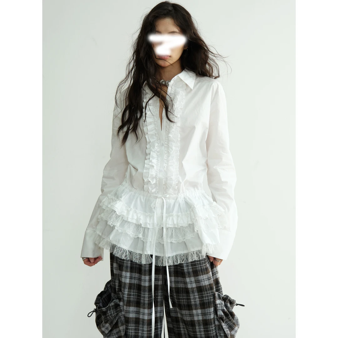 2025春季新款高智感少女风纯白重工花边裙摆收腰系带长款衬衫