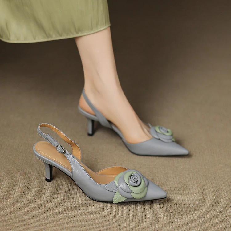 头层羊皮6.5cm～法式尖头山茶花中跟时尚气质性感舒适凉鞋夏季细跟