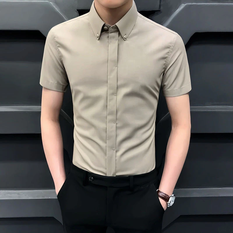 狄佛蒙特夏季韩版男士短袖衬衫男修身休闲商务衬衣暗扣高级寸衣潮