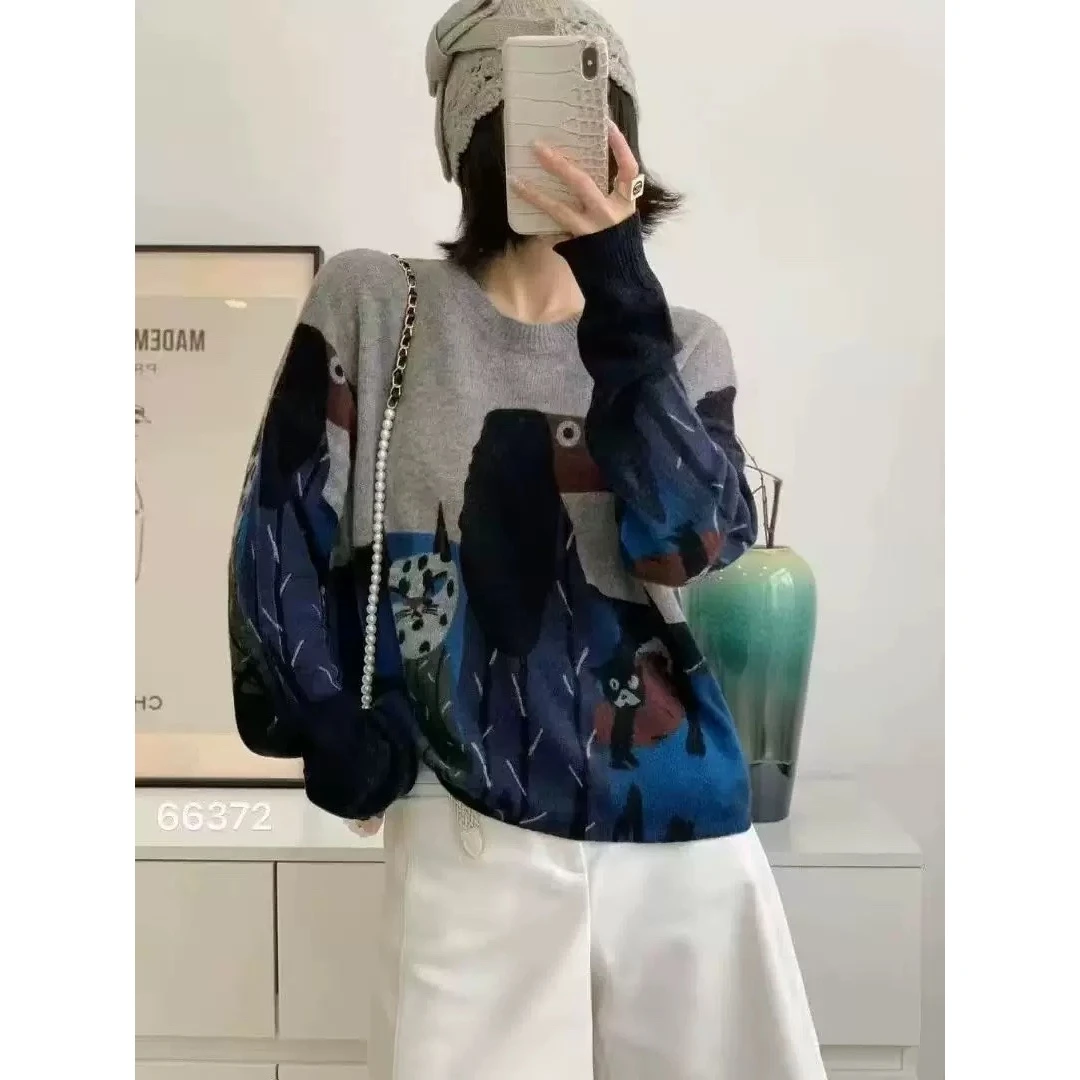 【动物奇遇】秋季新款圆领撞色印花图案百搭小众套头羊毛衫.J2366