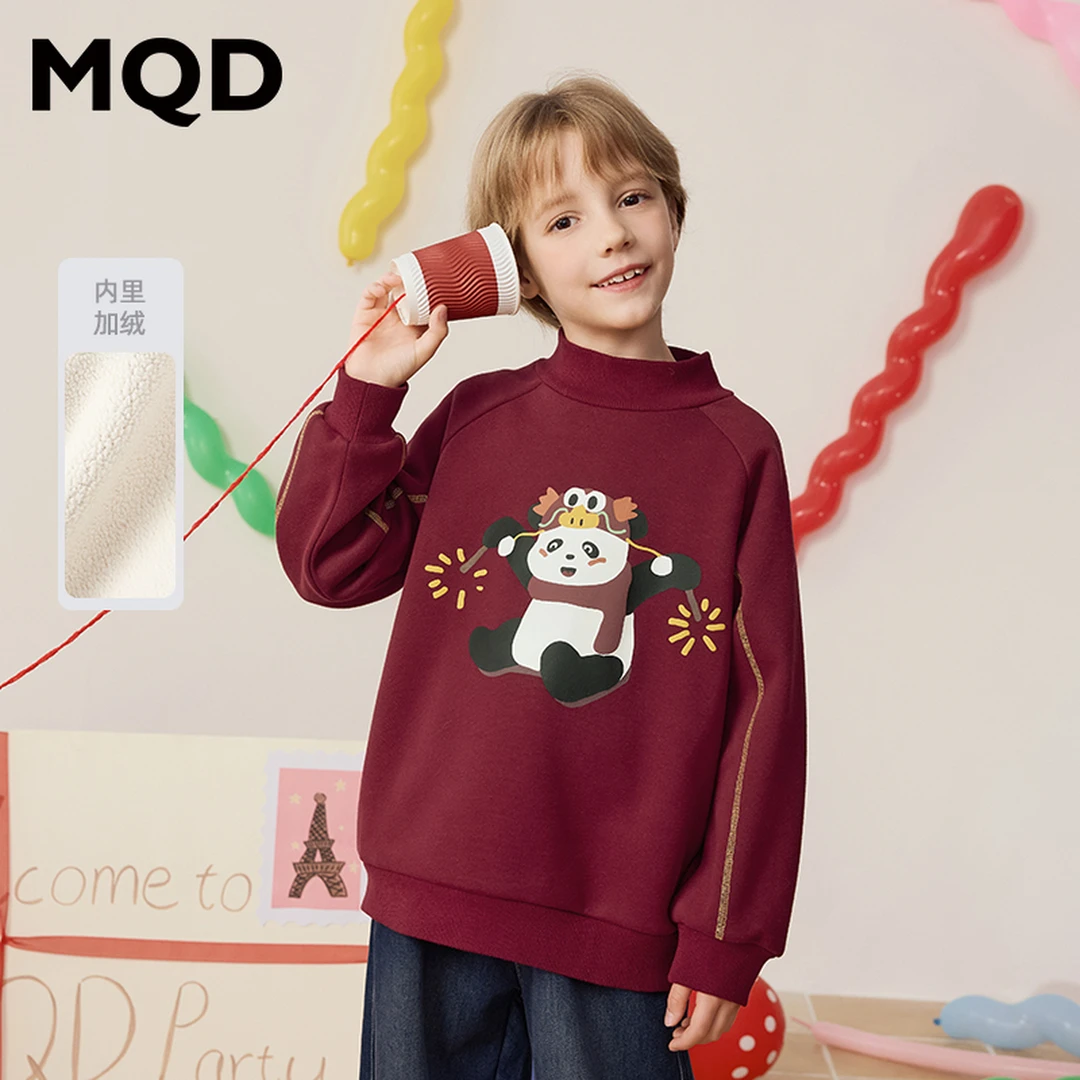 【拜年服】MQD童装冬季新品加绒喜庆卡通半高领国风卫衣9644W06D1