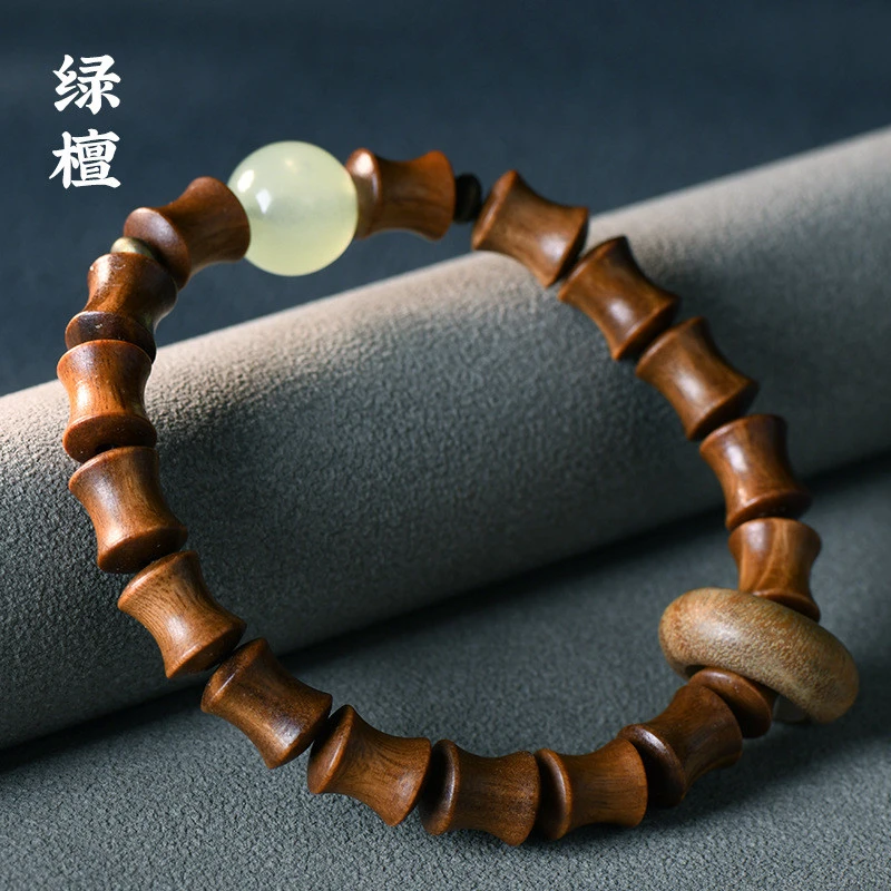 绿檀木竹节小手串带跑环加夜光珠文玩木质饰品男女款手链