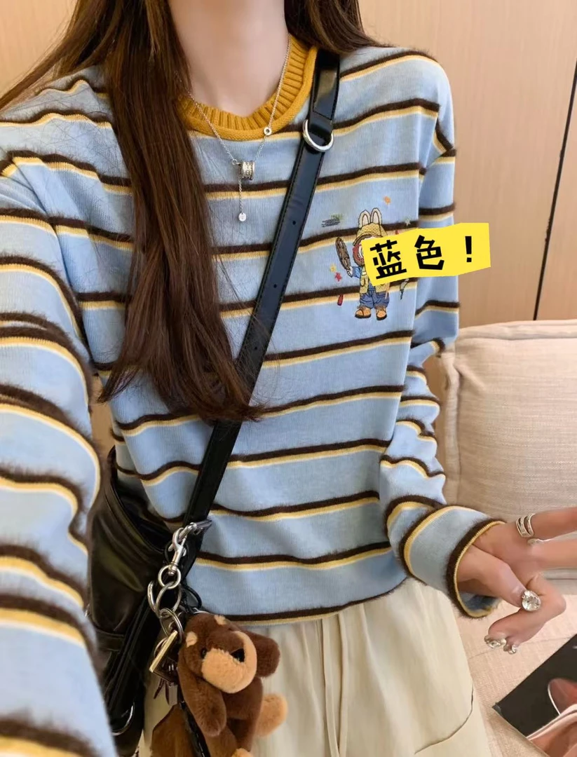 小雅姐姐 25秋款卡通刺绣撞色条纹减龄长袖T恤衫KA73