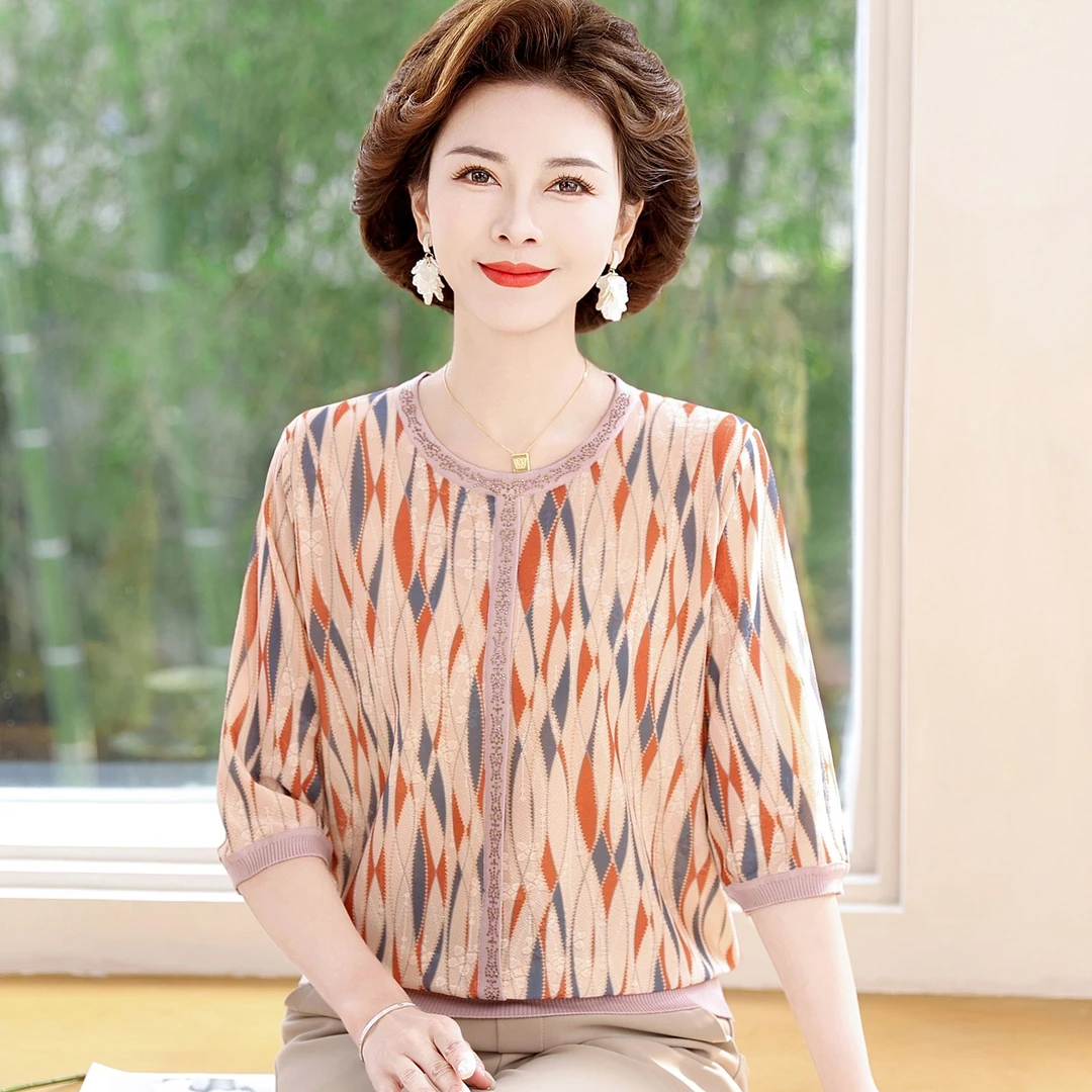 婆婆妈妈装春装T恤七分袖洋气小衫2025新款中老年女碎花上衣薄款