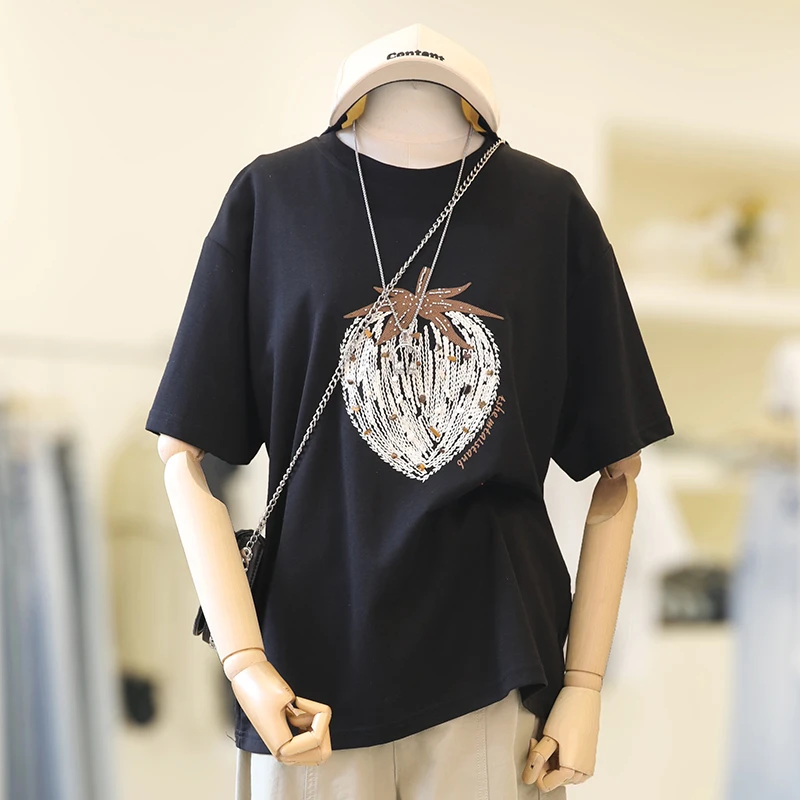 大码女装刺绣短袖女款爆款2025新款T恤宽松上衣胖mm遮肉显瘦25151