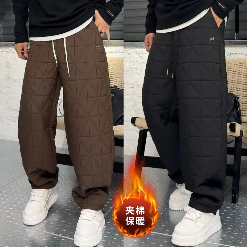 冬季新款菱形格小马标格纹男士夹棉加厚休闲裤防风防寒保暖棉裤