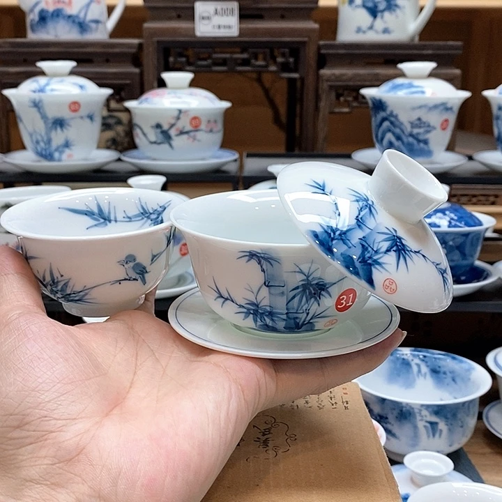 手绘咏竹盖碗150cc➕压手杯85cc釉下彩微瑕福利款