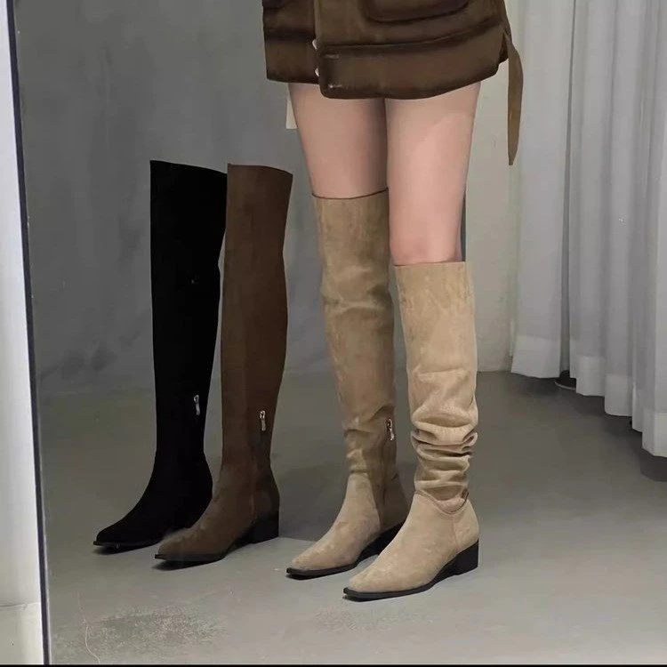 真皮复古棕色堆堆长靴褶皱绒面西部牛仔靴女粗跟百搭废土风骑士靴