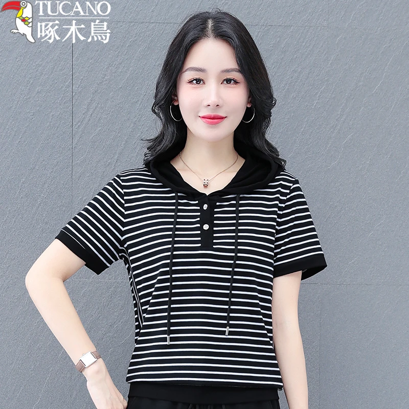 TUCANO/啄木鳥棉条纹T恤女夏季新款显瘦短袖休闲连帽百搭减龄洋气