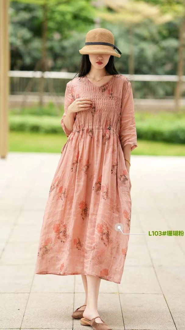 夏季印花苎麻透气女士连衣裙103#