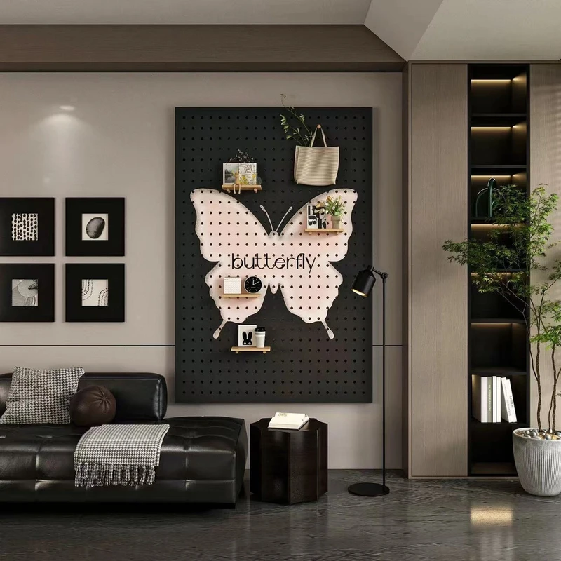 洞洞板置物架入户玄关造型墙墙面实木装饰客厅展示收纳架蝴蝶