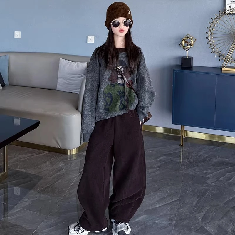 女童毛呢卫衣加绒裤套装2025年新款儿童秋冬装加厚保暖冬季两件套