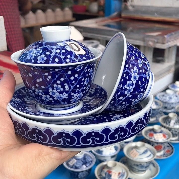 青花釉下彩盖碗杯子壶承