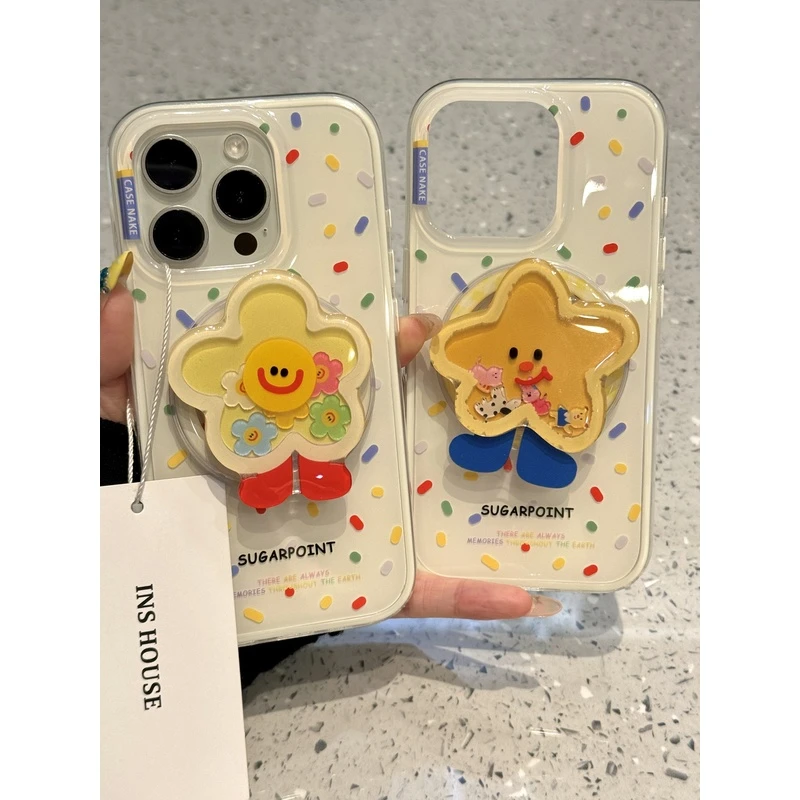 卡通彩点微笑星星花朵摇摇乐支架适用iphone16prom手机壳15苹果14