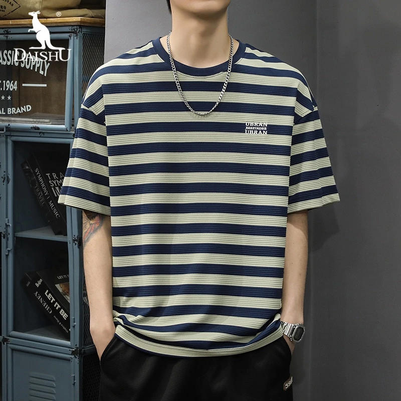 Dai Shu/袋鼠2025新款港风条纹男t恤短袖夏季凉感海魂衫潮流体恤