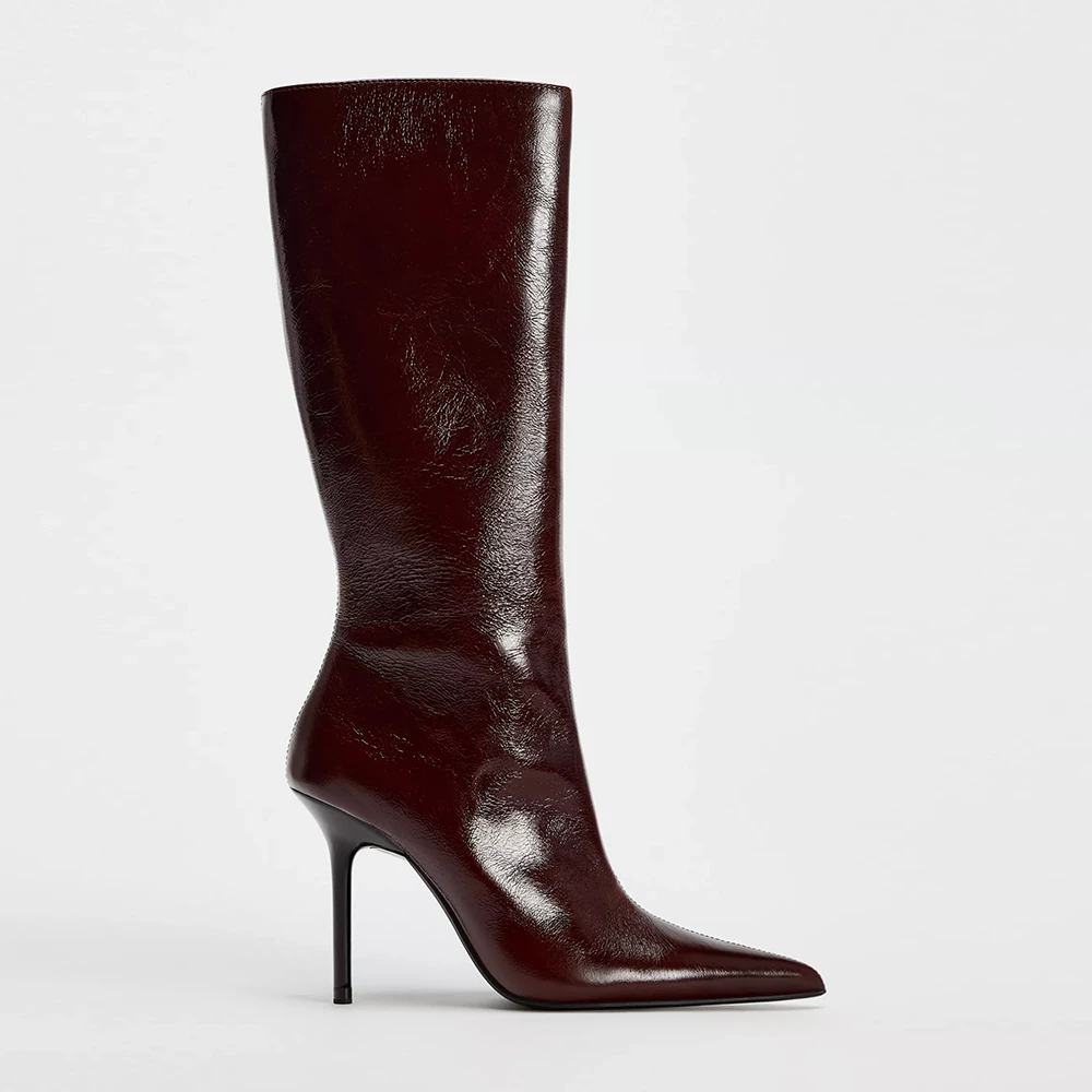 2025秋冬ZA靴子复古显瘦骑士尖头长筒靴高筒细跟超高跟长靴女棕色