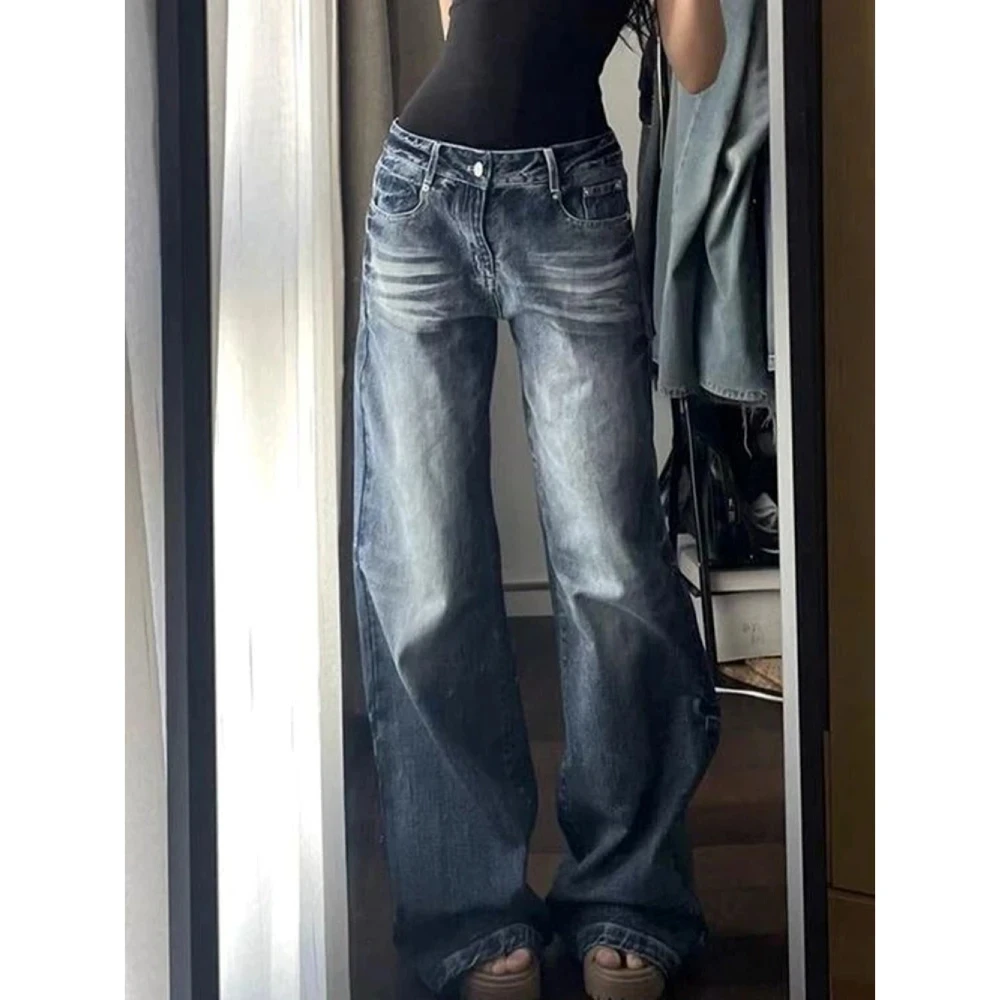 美式高街水洗折痕阔腿牛仔裤女2025年春季新款高腰显瘦垂感拖地裤