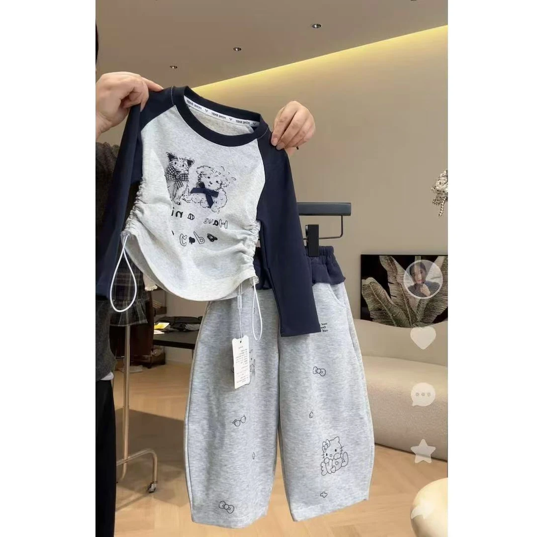 两件套拼色印花T恤拼色韩版圆领长袖女童秋装休闲圆领卫衣套装