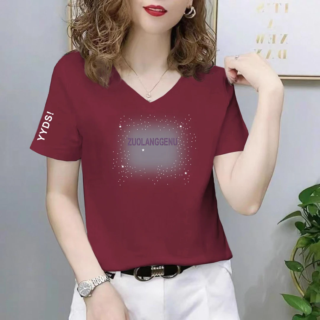 100%纯棉V领洋气遮肉上衣女2025夏季短袖大码新款印花百搭薄款t恤