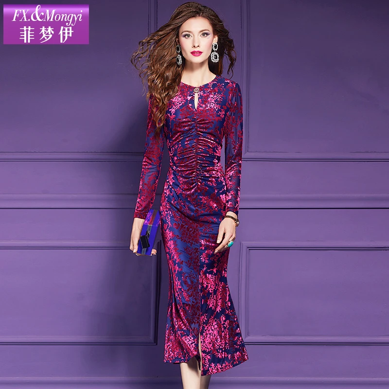 菲梦伊新款时尚提花修身中长款金丝绒连衣裙61628