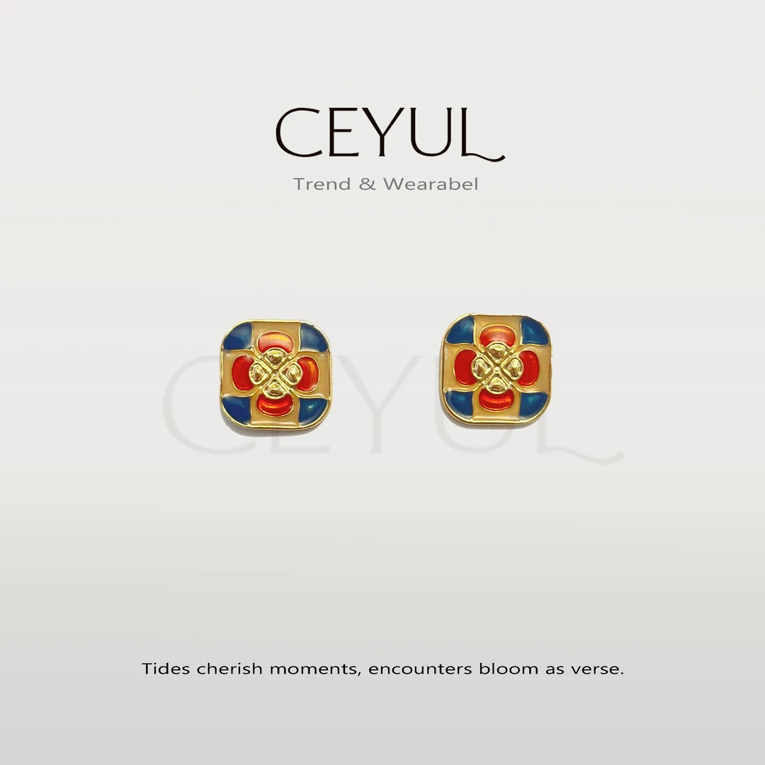 铜合金耳饰 Ceyul汐遇中古法式高级复古重工撞色设计师耳钉百搭