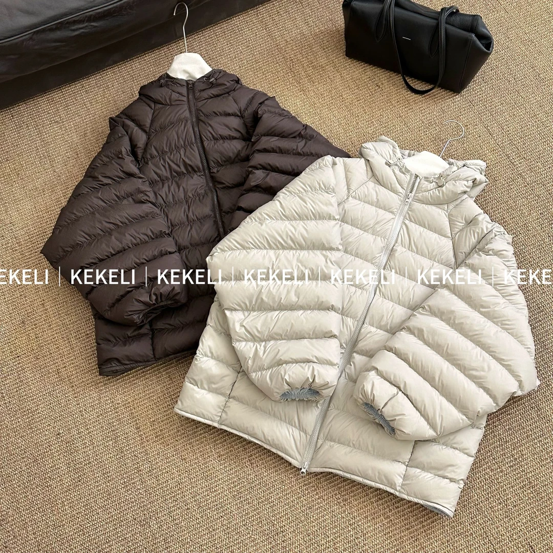 KEKELI 白鸭绒泡芙排骨羽绒服女2025冬季新款连帽小个子龟背外套
