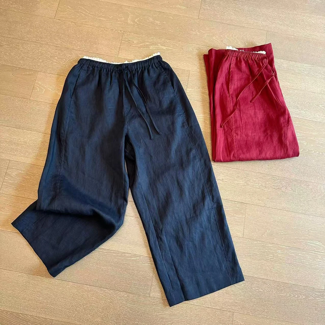 【欧货】特~蕾丝花边腰 三色九分直筒阔腿麻裤 夏季薄款宽松长裤