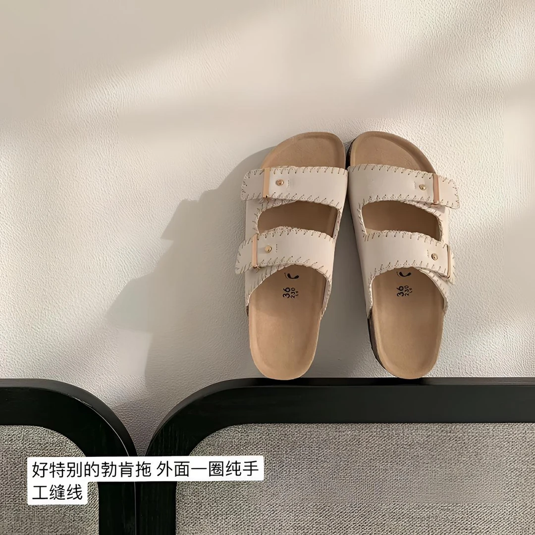 【苏茵茵同款】手工作品~复古扣带手缝线厚底勃肯拖鞋女凉拖外穿夏