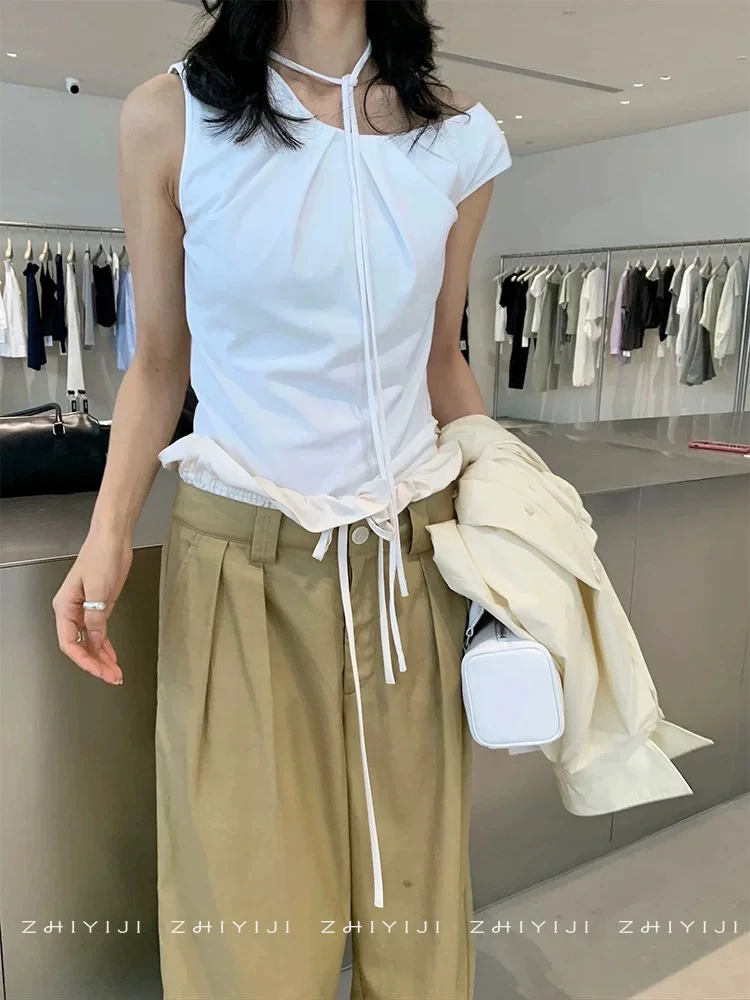 SOI原创小众设计简约百搭斜肩领背心女 领口叠领显瘦上衣3097