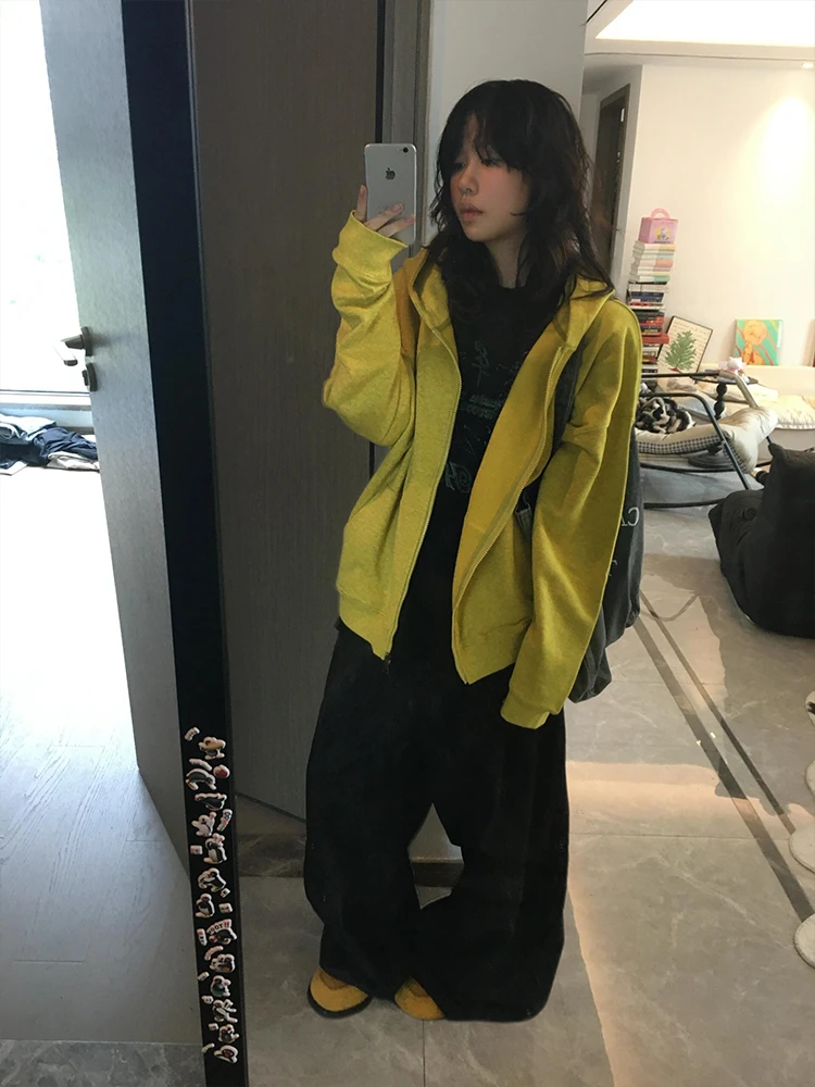 美式高街花纱黄连帽开衫卫衣女春秋2025新款潮牌情侣休闲百搭外套