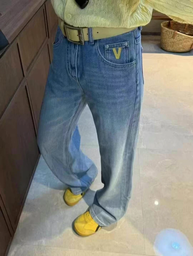 春季浅蓝色显瘦窄版高腰直筒牛仔阔腿裤拖地裤