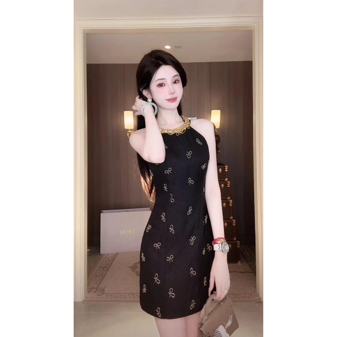 【雅乔定制】法系千金 珠管蝴蝶结刺绣挂脖式连衣裙DYLL-25066784