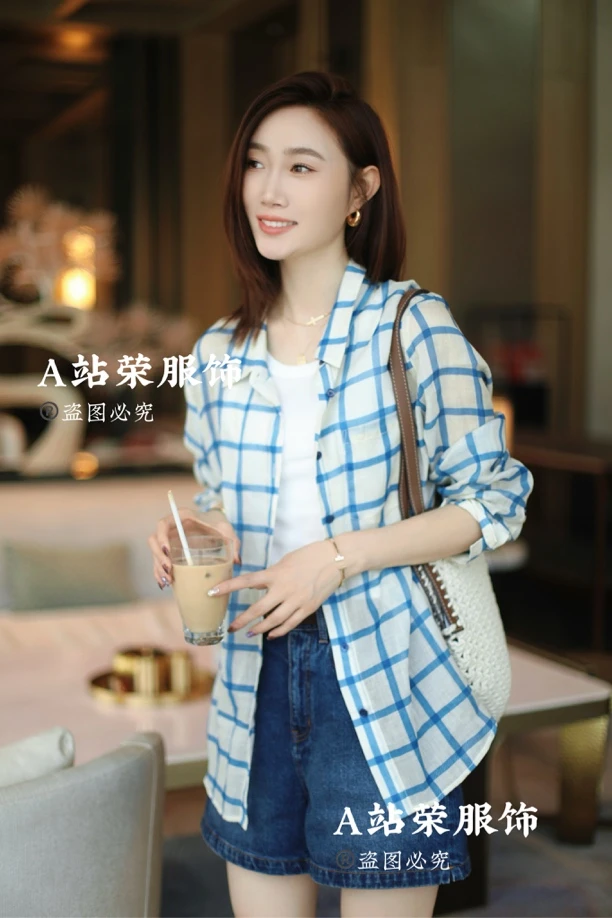 【荣姐精选】暑意自消蓝格苎麻衬衣