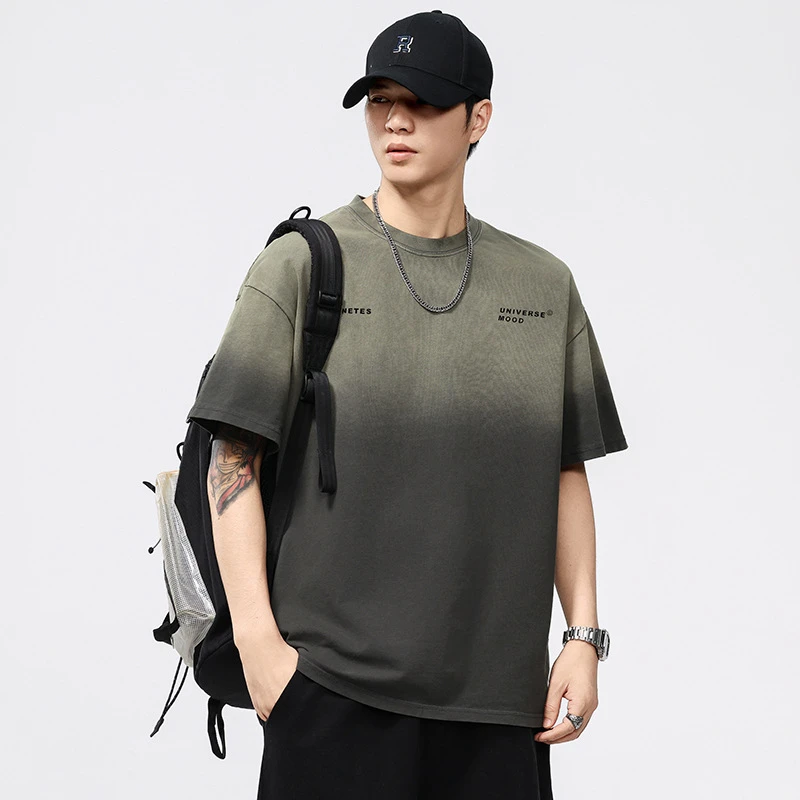 大码男装夏季新品260G重磅美式复古染洗渐变圆领短袖T恤男半袖潮