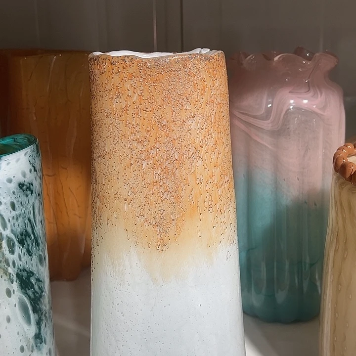 琉璃手工艺品黄白色花瓶花器高32口9