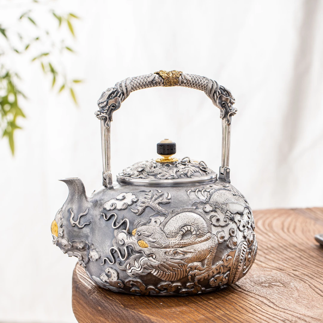 蜂鸟工坊 傳家 双龙银把垫金片錾刻祥龙提梁大壶 SWA2248