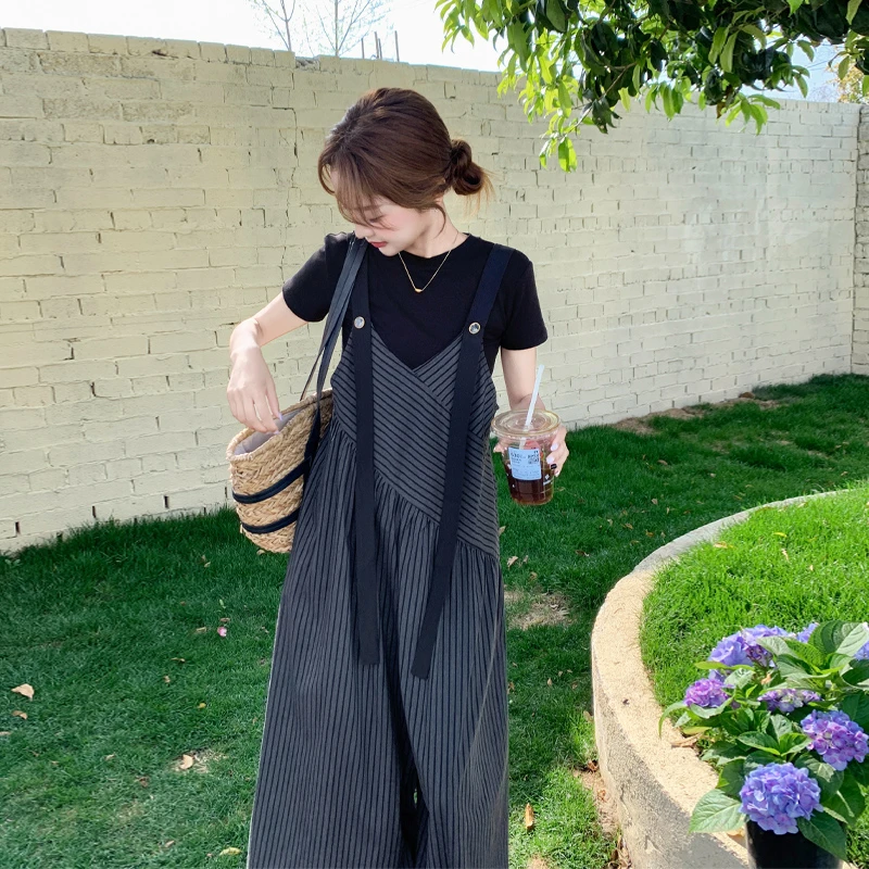 慵懒风条纹阔腿背带裤女两件套装夏气质设计感宽松显瘦吊带连体裤