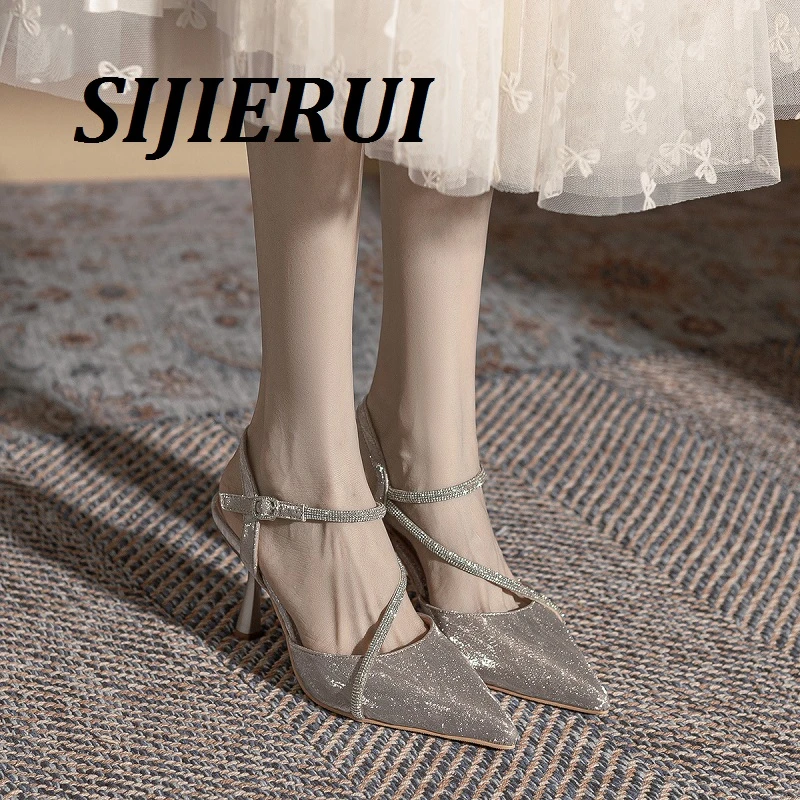 SIJIERUI气质尖头后空单鞋女2025夏季新款水钻细跟婚鞋时尚高跟鞋