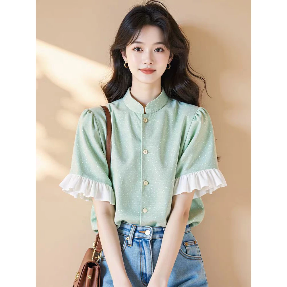 新中式国风浅绿色立领圆点衬衫2025新款小众设计感荷叶边小香风