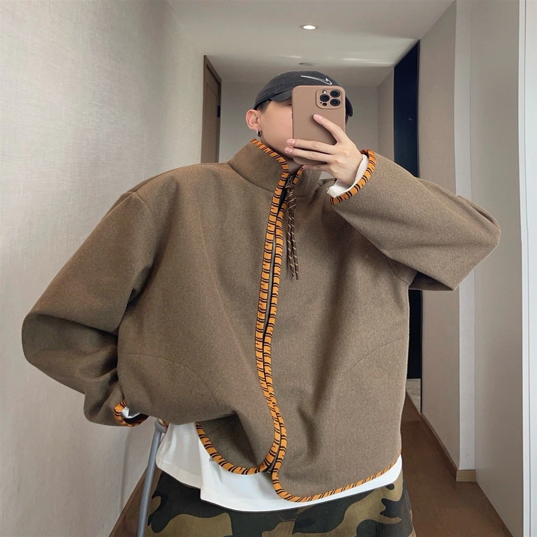 加大码300斤复古棕色系虎纹织带呢料夹克男女秋冬季立领拉链外套