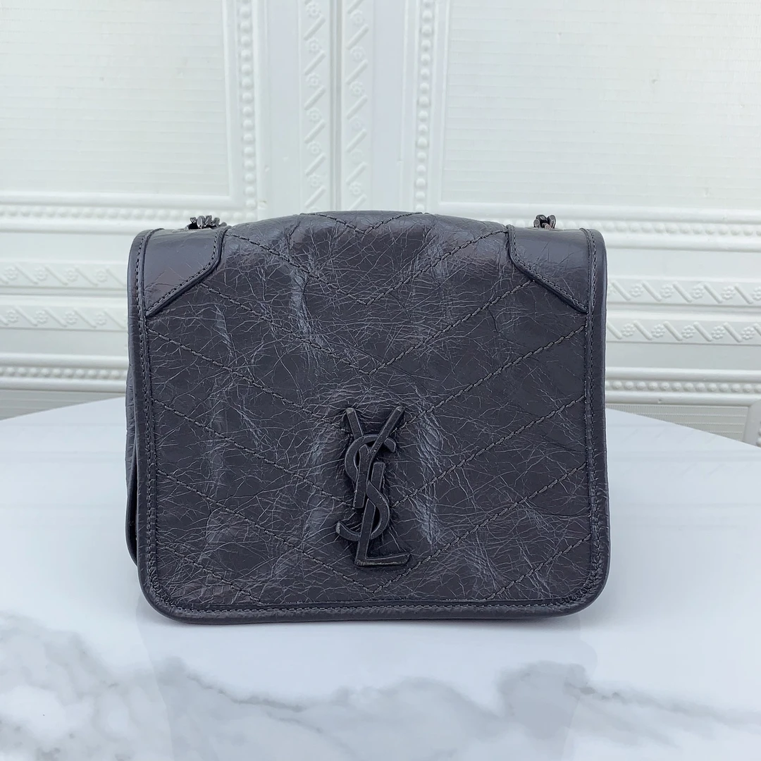 99新 YSL/圣罗兰 niki mini Logo复古褶皱砾石灰链条钱包