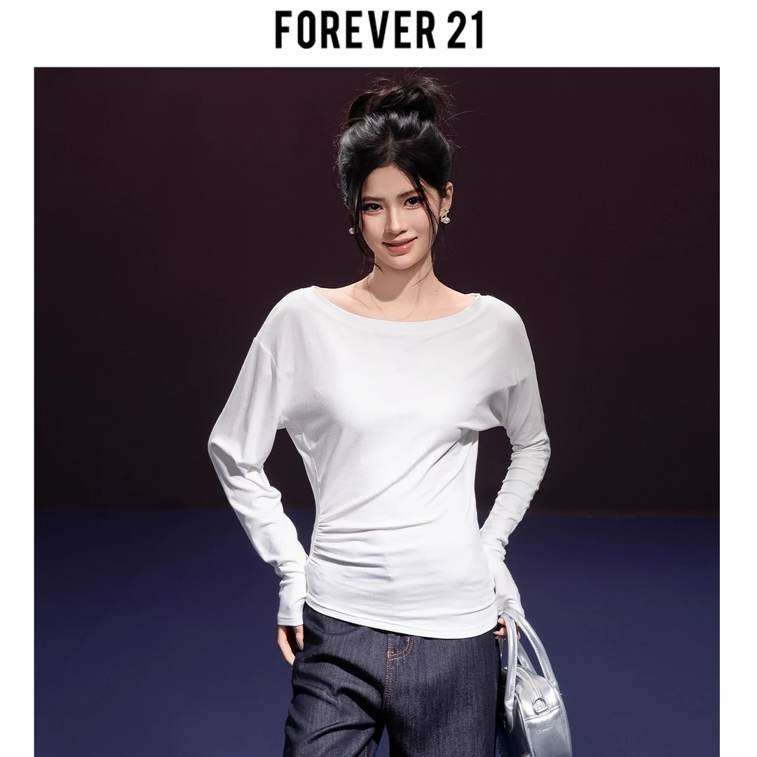Forever 21韩系简约慵懒斜肩长袖女秋季新款宽松显瘦百搭收腰上衣