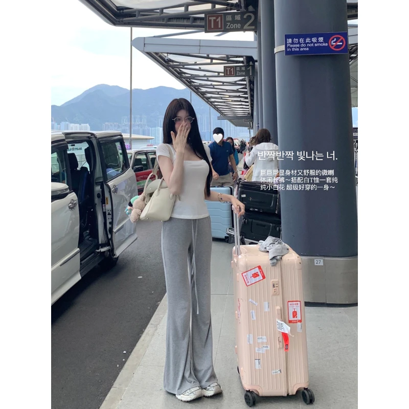 白水女懒人奶昔裤 百搭抽绳休闲裤女慵懒松弛感裤子 B50349162