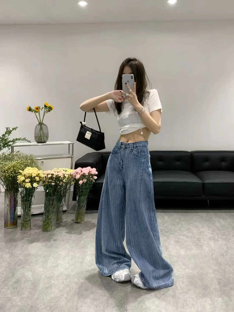 【晨浠定制】新款韩版高腰显瘦洗水做旧百搭阔腿牛仔裤87089