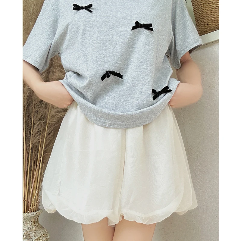 温柔系甜美花苞短裤女夏季高腰网纱半身裙小个子a字灯笼短裤子