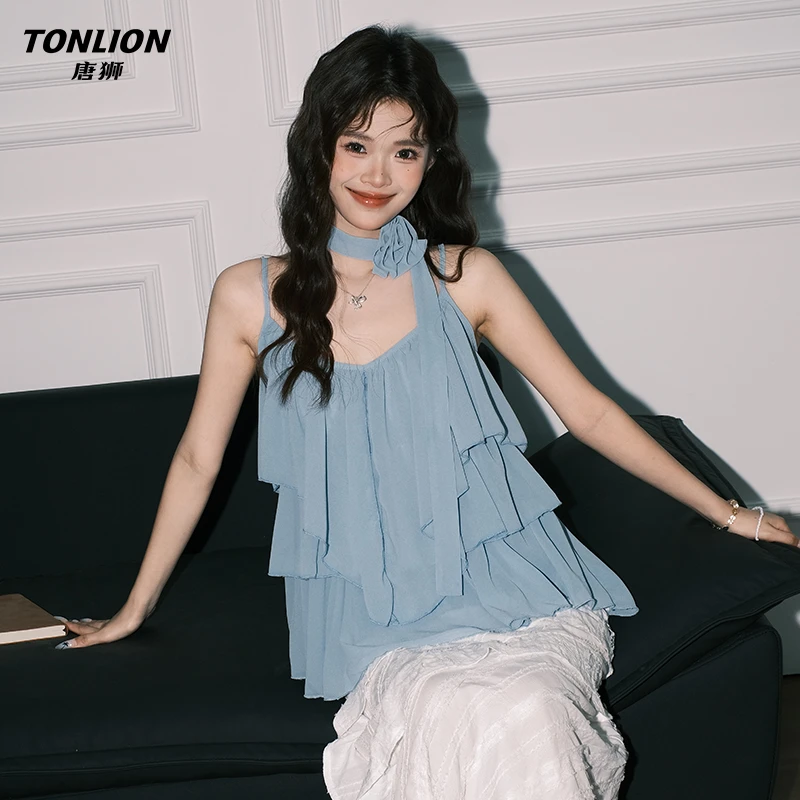 唐狮温柔蓝色花朵吊带背心女夏季新款独特荷叶边不规则休闲上衣