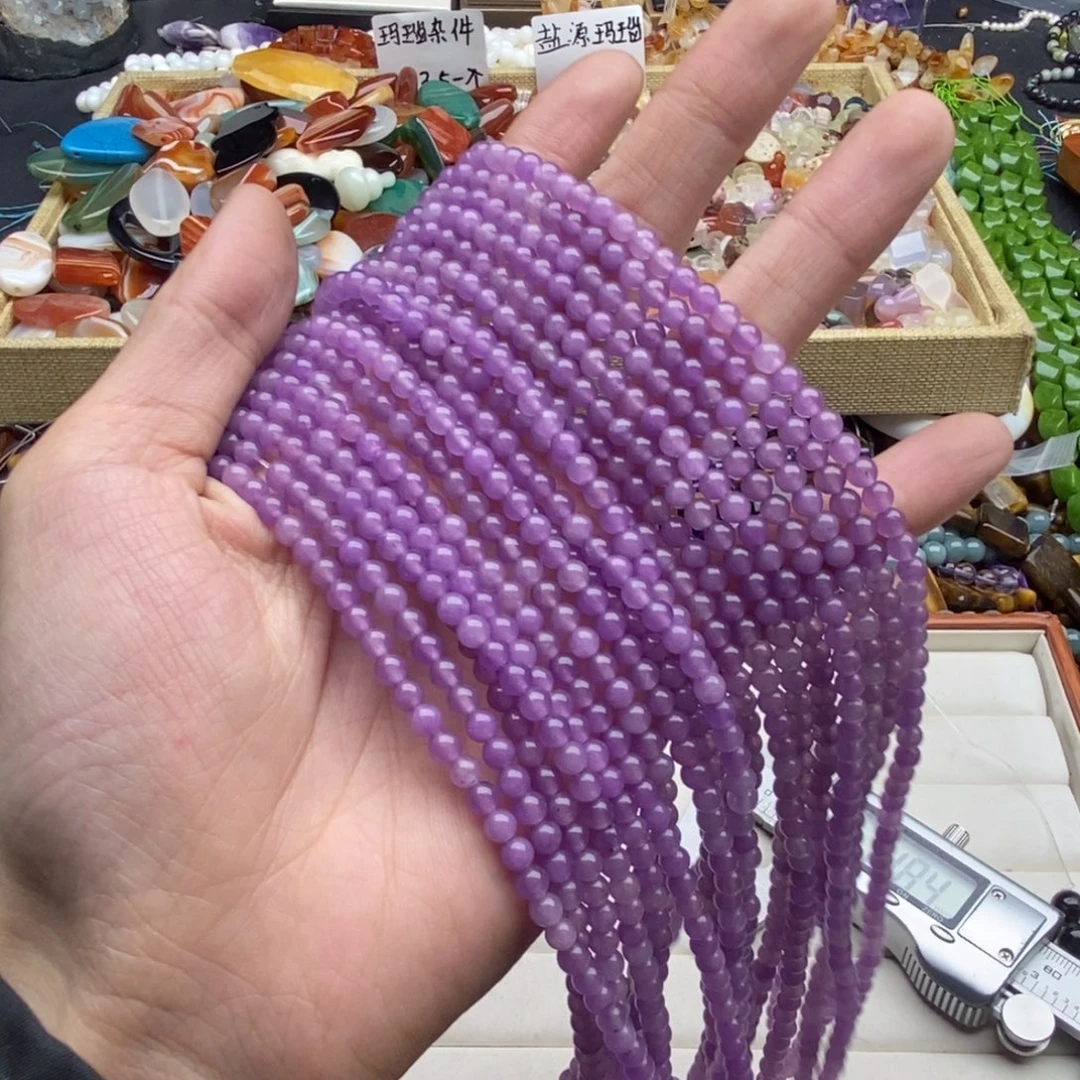 玛瑙/玉髓未镶嵌珠宝半成品两条4mm紫玉髓圆珠